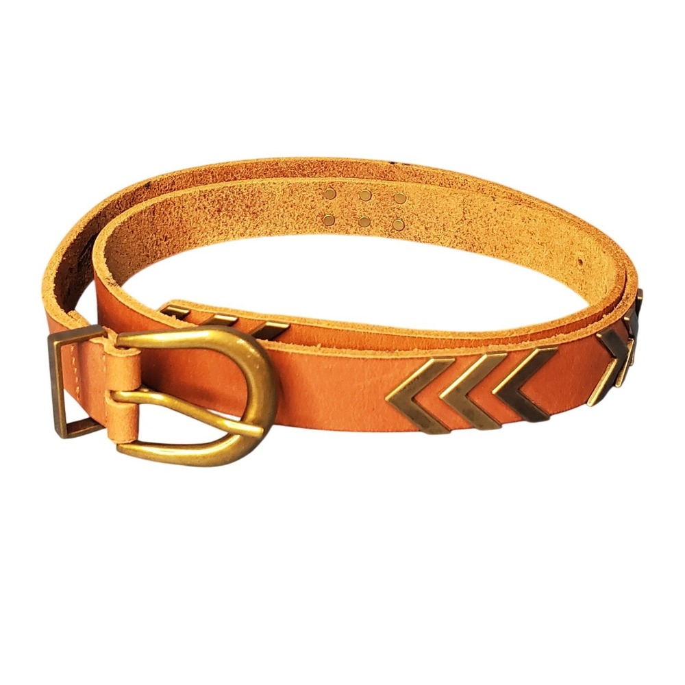 Lucky Brand Leather Chevron Arrow Studded Belt Tan‎ Brass Colored Buckle Size L